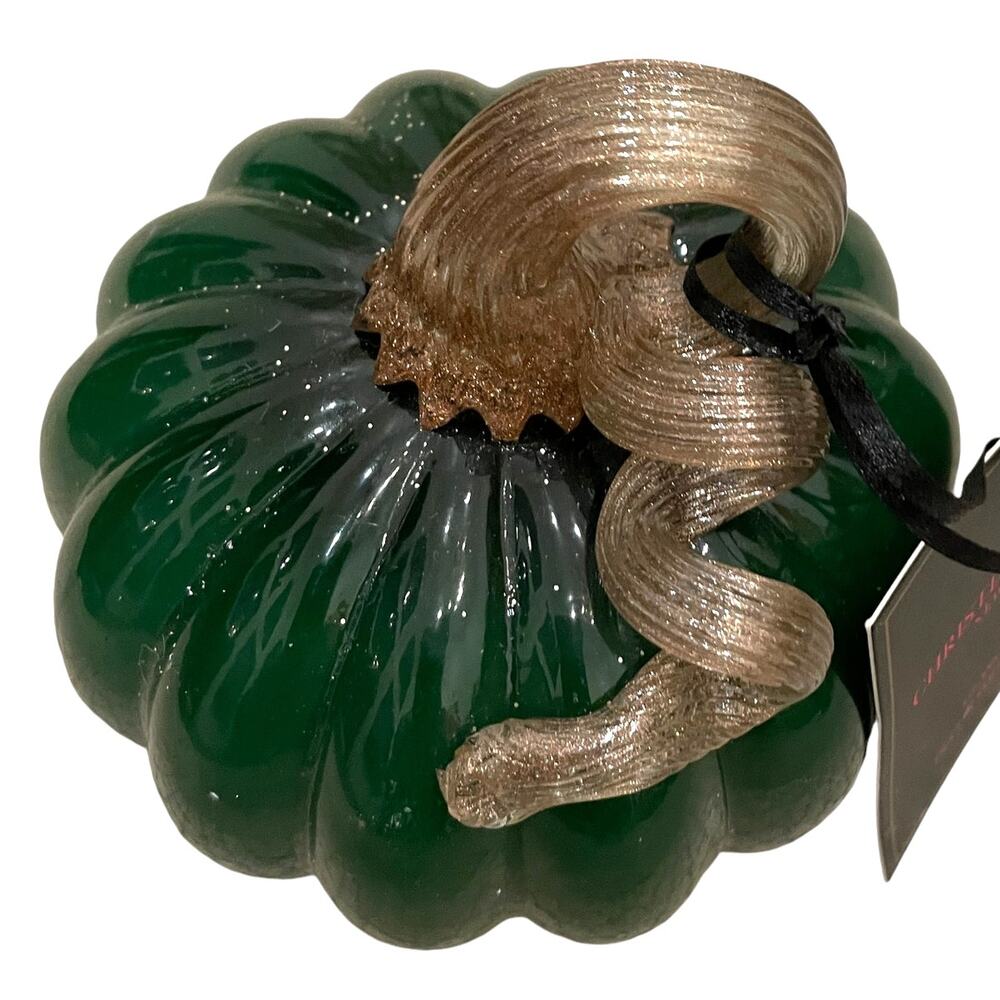 CHRISTIAN SIRIANO Hand Blown Art Glass Pumpkin Emerald Green Gold Stem New - Picture 5 of 10